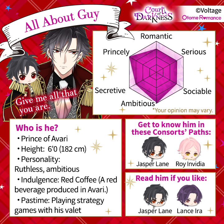 CourtDarkness's tweet photo. Dear Courtiers,
Guy's Book 2 is COMING SOON!💗🥰
What do you think? Does this reflect who he is, to you?
*Please note that your opinion may vary! It's only for fun : )
#VoltageInc #CoD #CourtofDarkness #Otome #GuyBook2 #TeamGuyAvari https://t.co/cgjek8zUex