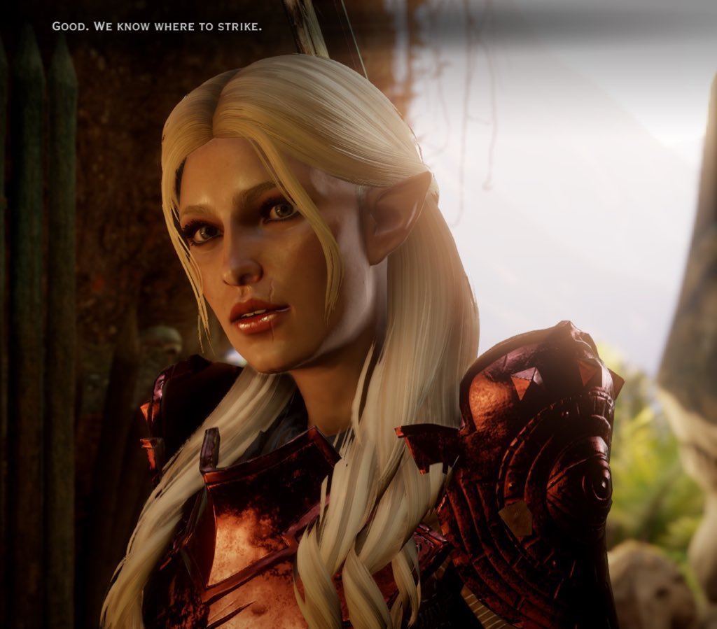 lavellan22's tweet photo. Did my best to make my girl Sorcha, I think it’s pretty good! I couldn’t tell if it was hard to make blonde hair or if it was the lighting 😅 
(Green lighting is traditional though for Inky, is it not?) 
#DragonAgeVeilguard #veilguardspoilers https://t.co/9LmKTZbPOW
