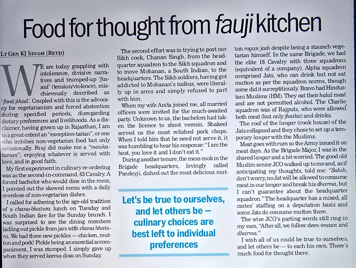 kayjay34350's tweet image. Collection of memories from Fauji kitchens on Dietary intolerance. Hope we focus on ourselves &amp;amp; our plates &amp;amp; allow others reasonable freedom. 
#Middles
courtesy @thetribunechd