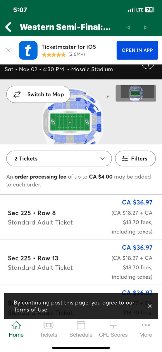 olinehoffman's tweet photo. @GreenZoneSK took these screenshots at the end of the first quarter because I was curious about all the empty seats. Definite faux pas by the riders if they took tickets offline before the game and then put them back on after the game started. https://t.co/Zw53qEI4cf