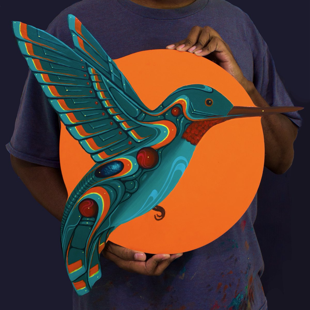 Hummingbird wood cutout. Acrylic on Baltic Birch wood 20” x 21” x 1/2”