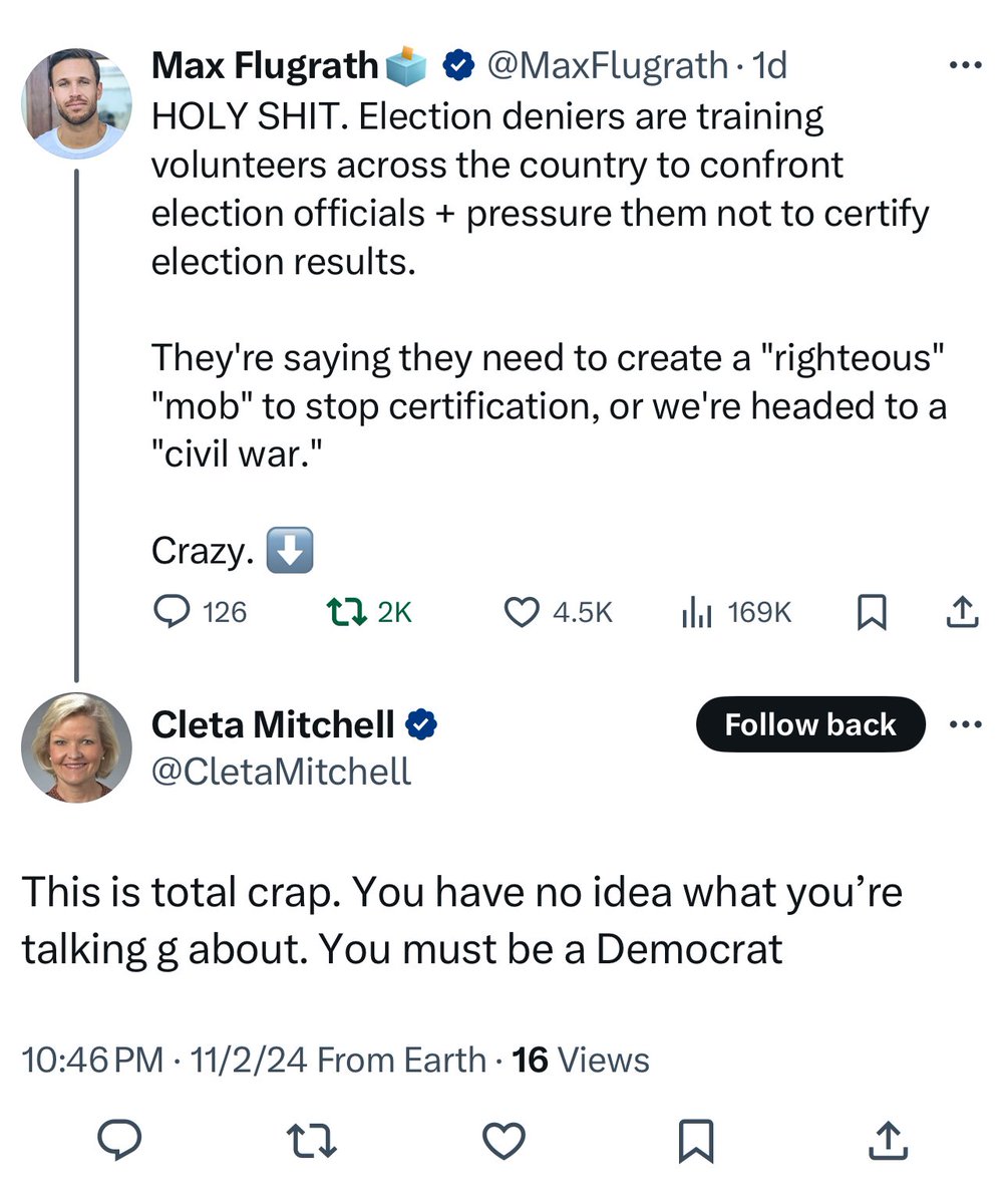 MaxFlugrath's tweet image. MAGA’s chief election denier, who aided Trump’s plot to steal the 2020 election is attacking me.

It’s because at @FairFightAction, we’re working to expose + stop MAGA’s election chaos plot.

Can you help me reach 20k followers to reach more voters with critical information? 🙏🗳️