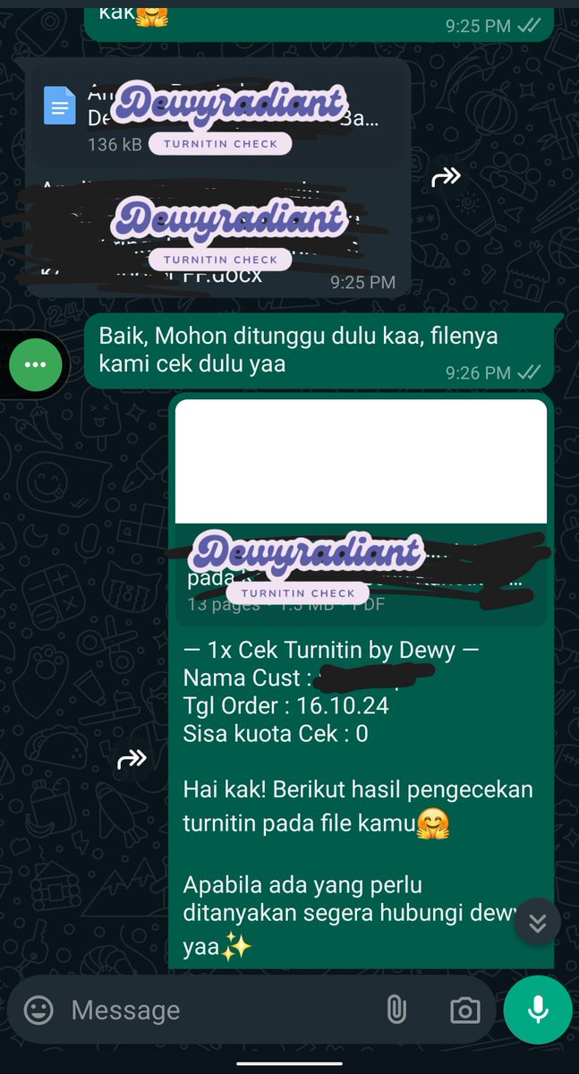 dewyradiant's tweet photo. Cek turnitin 1x cek. Proses pengerjaan fast guys tergantung banyaknya halaman🙌 https://t.co/bg6zGJLwwh