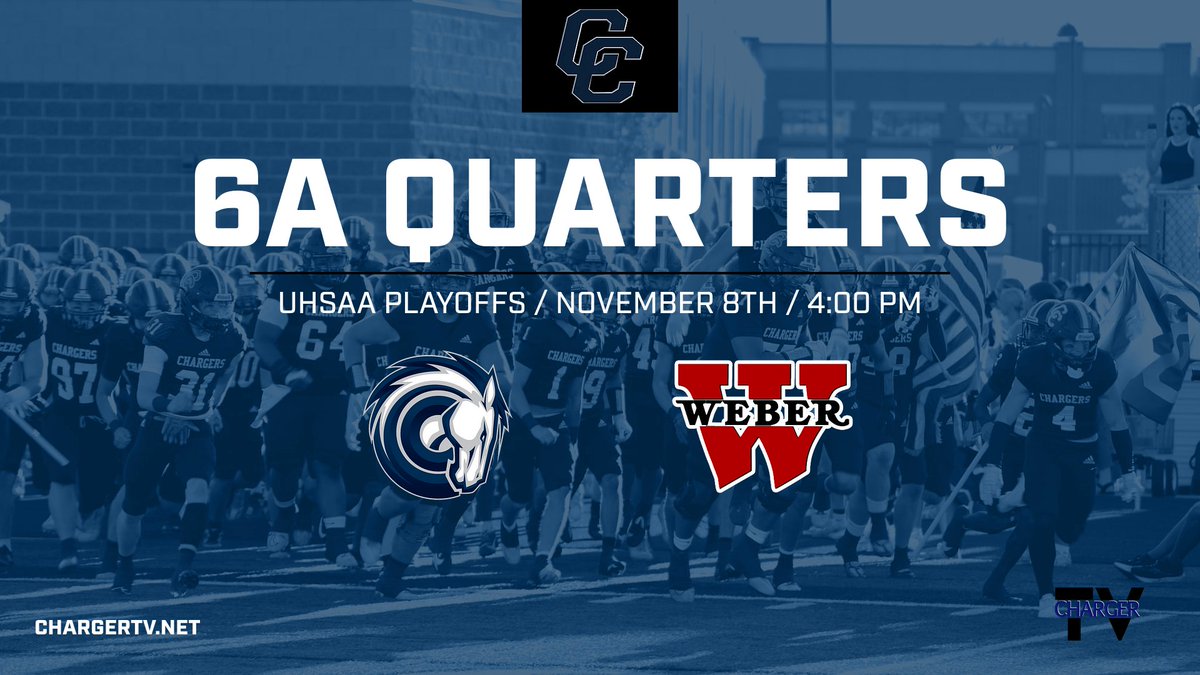 CornerCanyonFootball (@cchsfootball_) on Twitter photo Game Time Announcement: #9 Weber at #1 Corner Canyon - Fri, Nov. 8th at 4 PM on chargertv.net. <a href="/HSFBamerica/">High School Football America</a> <a href="/weberathletics/">Weber High Athletics</a> <a href="/Zack_Poff_MP/">Zack Poff</a> <a href="/SlingintheP/">Slingin’ the Pill Media™️</a> <a href="/tribpreps/">tribpreps</a> <a href="/KjarEric/">Eric kjar</a> <a href="/bcavi68/">BJ</a> <a href="/mjfrecruits/">MJF Football Recruiting</a> <a href="/MaxPreps/">MaxPreps</a> <a href="/usatodayhss/">USA TODAY HSS</a> <a href="/OFFA_Academy/">OFFA Academy</a> <a href="/BronsonEvans_/">Bronson Evans</a> <a href="/Diesel_Dart/">Diesel Dart</a> <a href="/esuntafa_/">Esun Tafa</a> Game Time Announcement: #9 Weber at #1 Corner Canyon - Fri, Nov. 8th at 4 PM on chargertv.net. <a href="/HSFBamerica/">High School Football America</a> <a href="/weberathletics/">Weber High Athletics</a> <a href="/Zack_Poff_MP/">Zack Poff</a> <a href="/SlingintheP/">Slingin’ the Pill Media™️</a> <a href="/tribpreps/">tribpreps</a> <a href="/KjarEric/">Eric kjar</a> <a href="/bcavi68/">BJ</a> <a href="/mjfrecruits/">MJF Football Recruiting</a> <a href="/MaxPreps/">MaxPreps</a> <a href="/usatodayhss/">USA TODAY HSS</a> <a href="/OFFA_Academy/">OFFA Academy</a> <a href="/BronsonEvans_/">Bronson Evans</a> <a href="/Diesel_Dart/">Diesel Dart</a> <a href="/esuntafa_/">Esun Tafa</a>
