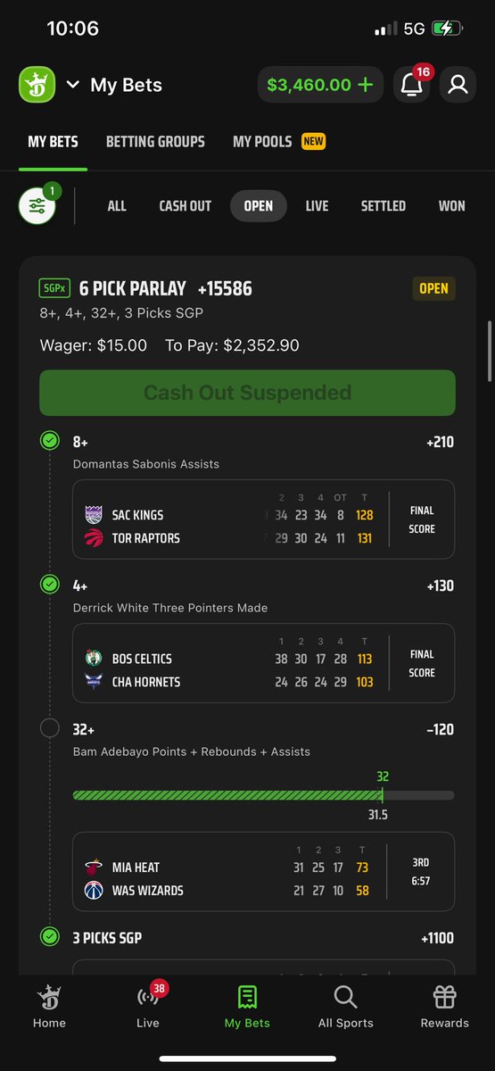 MaFreech's tweet photo. @MattyChucks Yooooo just hit this juicy 6-Leg using most of your picks on the mega parlay!!! Added Bam instead of Kelly, plus one more leg in for good measure 🙌🏼🤑 https://t.co/Iks1x9FRyH