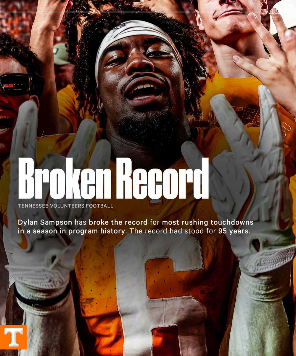BREAKING: Tennessee running back Dylan Sampson has broken the Tennessee single season Rushing Touchdown record 🤯

The record had been held for 95 YEARS and Sampson broke it in 8 games played in the season 

WELCOME TO THE RECORD BOOKS  🔥