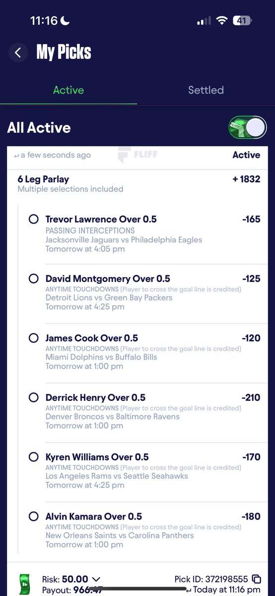 EaglesFan2601's tweet photo. The script is in… 

This is the definition of a long shot but I love all of these picks. Only hard one is Lawrence INT but Quinton Mitchell is the real deal and will come up big tomorrow🥶

like if you are tailing ❤️

#GamblingCommunity #gamblingx #NFL #FlyEaglesFly #BillsMafia https://t.co/kFIsCwcHNf