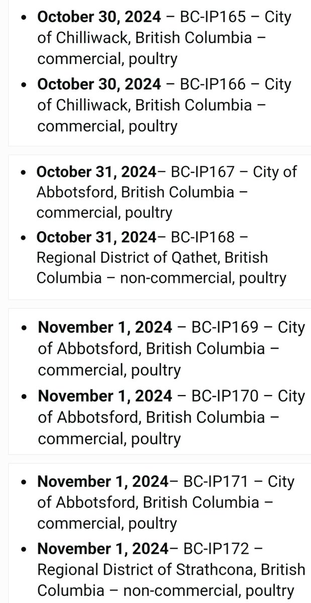 InspiredAquaCA's tweet photo. In the past 12 days, #H5N1 Highly Pathogenic Avian Influenza has been identified at 14 locations in BC.
Most have been commercial poultry facilities in the Fraser Valley.

@InspectionCan has established control zones across a large swath of the area.
https://t.co/9Vl5rCR5YM https://t.co/I5WXp1gJQQ