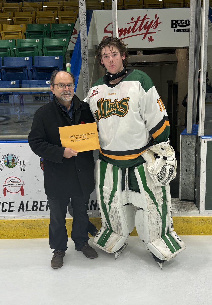 Congratulations to #31 Jayden Blanchette on being named the “Hardest Working Minto of the Month” for October 2024. I presented Jayden with a certificate for a new suit, shirt and tie from Ted Matheson’s Menswear. Once again, Congratulations Jayden!