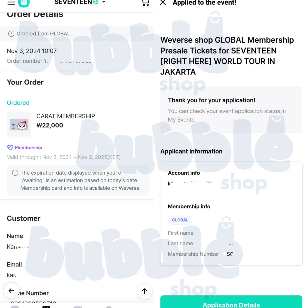 bubble__shop's tweet photo. OPEN JASA CO CARAT MEMBERSHIP WEVERSE SEVENTEEN

💸 260k (fullpay only)
✅️ pakai data pribadi 
✅️ dibantu apply untuk konser 
✨️ fast fast 5-10menit 
✨️ boleeh dm kalo mauuu

✨️ proofs co membership carat https://t.co/A5DK3gGgRw