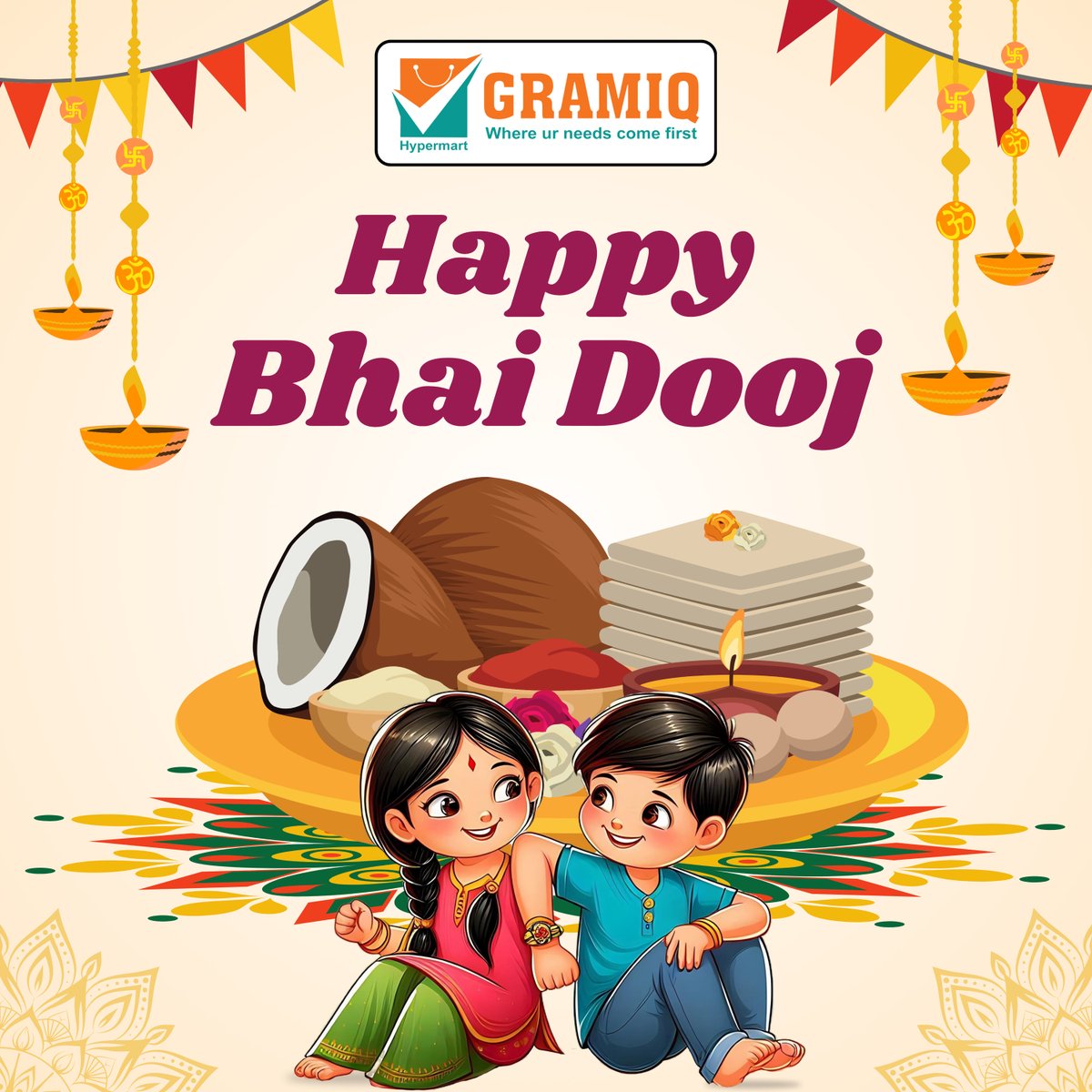 GramiqHypermart's tweet photo. Gramiq Hypermart wishes you a Happy Bhai Dooj! Celebrating the bond of love and protection between siblings. May your day be filled with joy, blessings, and sweet moments! 💖🌸

#HappyBhaiDooj #GramiqHypermart #SiblingLove #FestivalJoy #BondOfProtection #Blessings #BhaiDooj2024 https://t.co/C1iJaLh1jL