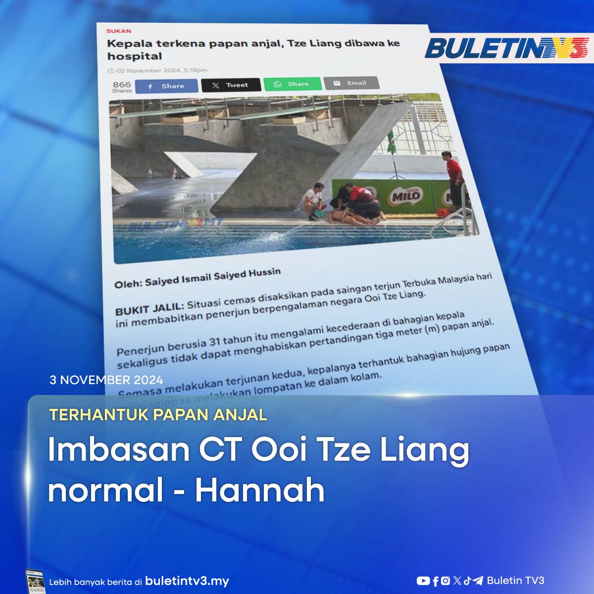 BuletinTV3's tweet photo. SUKAN | Imbasan CT penerjun negara, Ooi Tze Liang yang mengalami kecederaan semasa final acara papan anjal 3 meter lelaki Terbuka Malaysia di Pusat Akuatik Nasional, Bukit Jalil, semalam, didapati dalam keadaan normal.
#BuletinTV3 #OoiTzeLiang #penerjun https://t.co/4Bq2yAP2FL