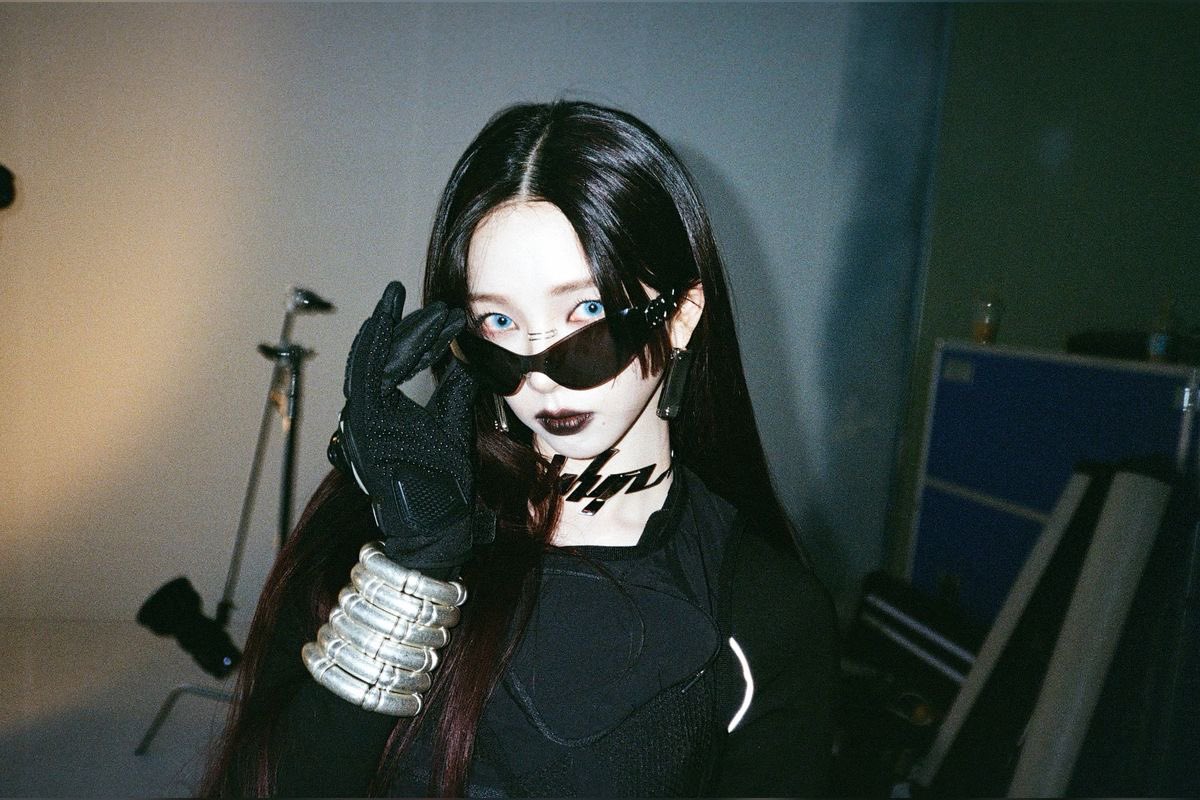 A mysterious gaze pierces through the lens, framed by dark sunglasses and a cascade of raven hair.  The cool, muted tones of the image create an air of intrigue, highlighting the woman's striking features and edgy style.