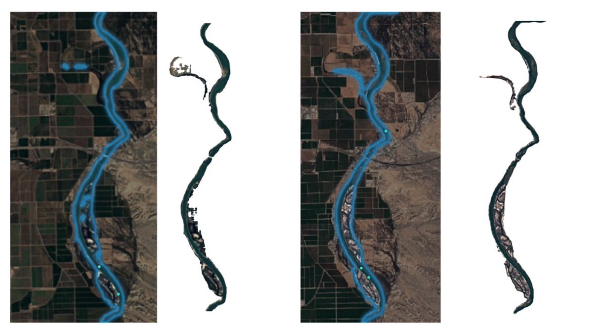azzhou1's tweet photo. #30DayMapChallenge Day 2: Lines

Trying to extract the river boundaries near Blythe, CA, 1984 vs 2020, from Google Earth Imagery, using the Segment Anything Model! https://t.co/9raRZCZdph