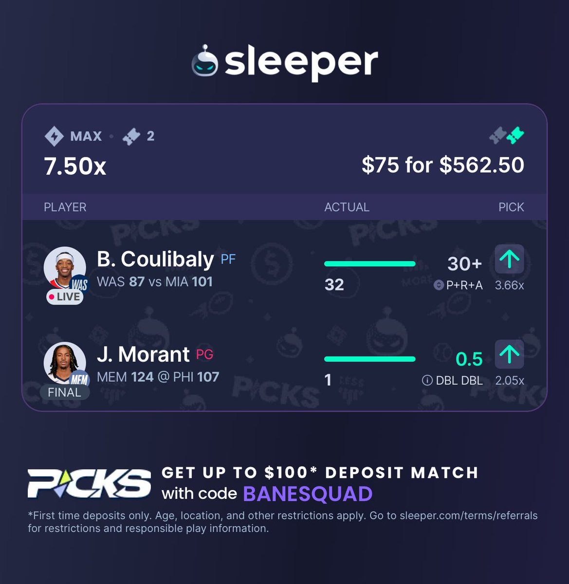 BaneSquad_'s tweet photo. Cash the Plus Money bet ✅

$75 To WIN $560 #BaneSquad

We almost swept all 3 but Barrett hooked the double double with 9 Rebounds. If ya’ll want me to continue to post + money bets, show love to this mf tweet 💯 https://t.co/wH3ivY2K8k