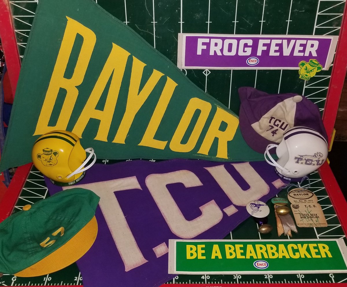 SWCfootballNow's tweet photo. Week 10 #SWCmatchup @TCUfootball at @BUFootball
Enco/Esso gas station pennants, helmet bank premiums, frosh beanies from 57 and 74, Enco/Esso 1969 bumper stickers, field pass, and buttons. #TheRevivalry #SWCrivalry #SicEm #GoFrogs #SWClivesOn #WeAreStillNotCallingItThat https://t.co/FhqQ4FNdZN