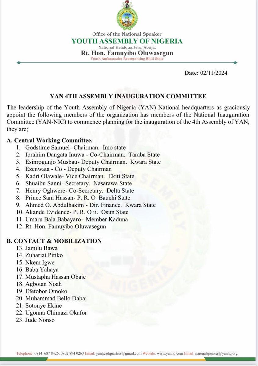 yanheadquarters's tweet photo. FOR IMMEDIATE RELEASE

Inauguration Committee Announced for the Youth Assembly of Nigeria (YAN)

The Youth Assembly of Nigeria (YAN) is pleased to announce the formation of its Inauguration Committee, a crucial body responsible for orchestrating the upcoming inauguration cerem… https://t.co/NYlrYICVSZ