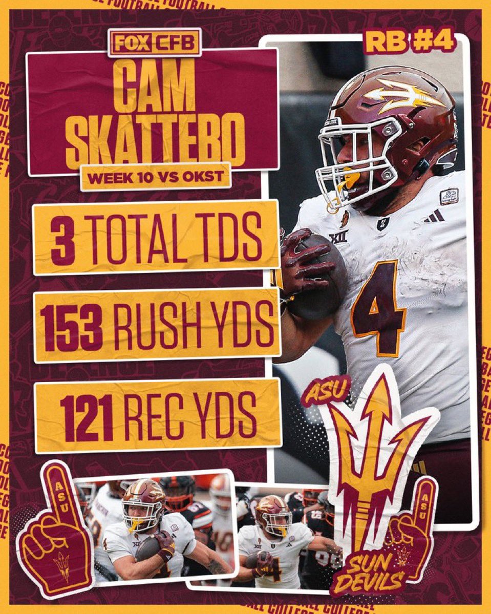 ASU RB Cam Skattebo is ridiculous!  Take a look at what he did today at Oklahoma State… WOW!  And he has been doing it all season.  The RB at Boise State had better keep it up or the Heisman is coming to Tempe!  #ForksUp 🔱