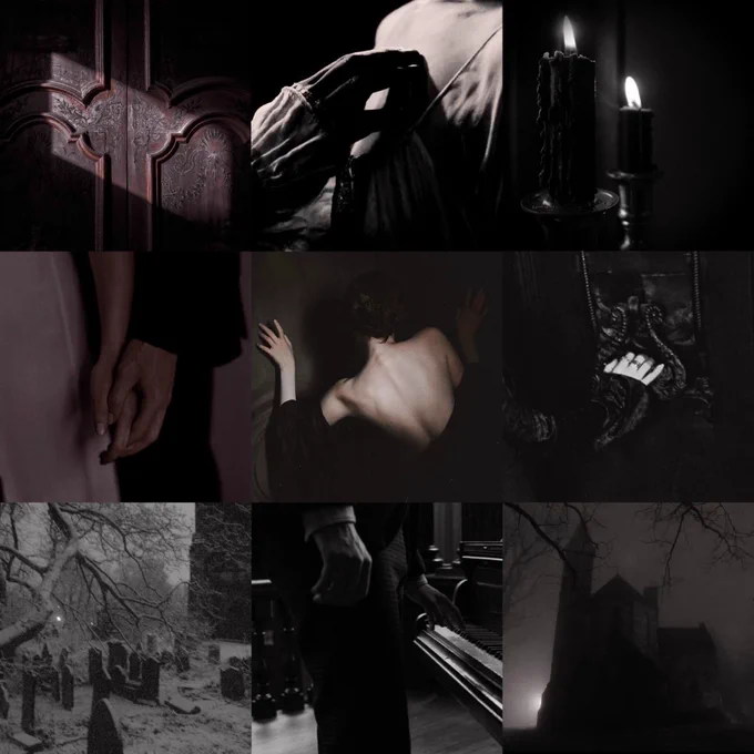 A warm and moody 3 by 3 grid of gothic imagery: an ornate set of wooden doors, a man’s hand touching a woman’s bare back above her nightgown, a pair of black lit candles, a couple holding hands discreetly, a woman with her back exposed and her hands splayed on a corridor wall, a victorian lady’s hand on an ornate knocker, a snowy graveyard, a man in a suit plucking a note on a piano, and a foggy manor at night