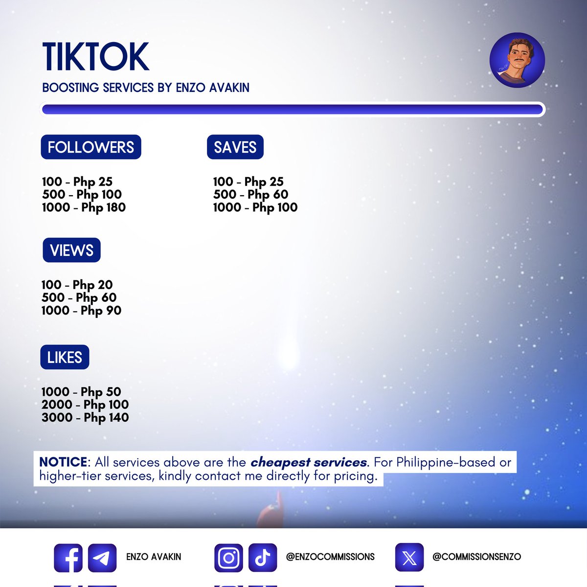 ☄. *. ⋆ 𝗕𝗢𝗢𝗦𝗧𝗜𝗡𝗚 𝗦𝗘𝗥𝗩𝗜𝗖𝗘𝗦 𝗔𝗩𝗔𝗜𝗟𝗔𝗕𝗟𝗘! ˚ ༘♡ ⋆｡˚
Processing time may vary from 𝙨𝙚𝙘𝙤𝙣𝙙𝙨 𝙩𝙤 𝙢𝙞𝙣𝙪𝙩𝙚𝙨 𝙩𝙤 𝙝𝙤𝙪𝙧𝙨.

For Spotify, YT, and other services, please message me for the full pricelist!

#boostingservices lfb ltb