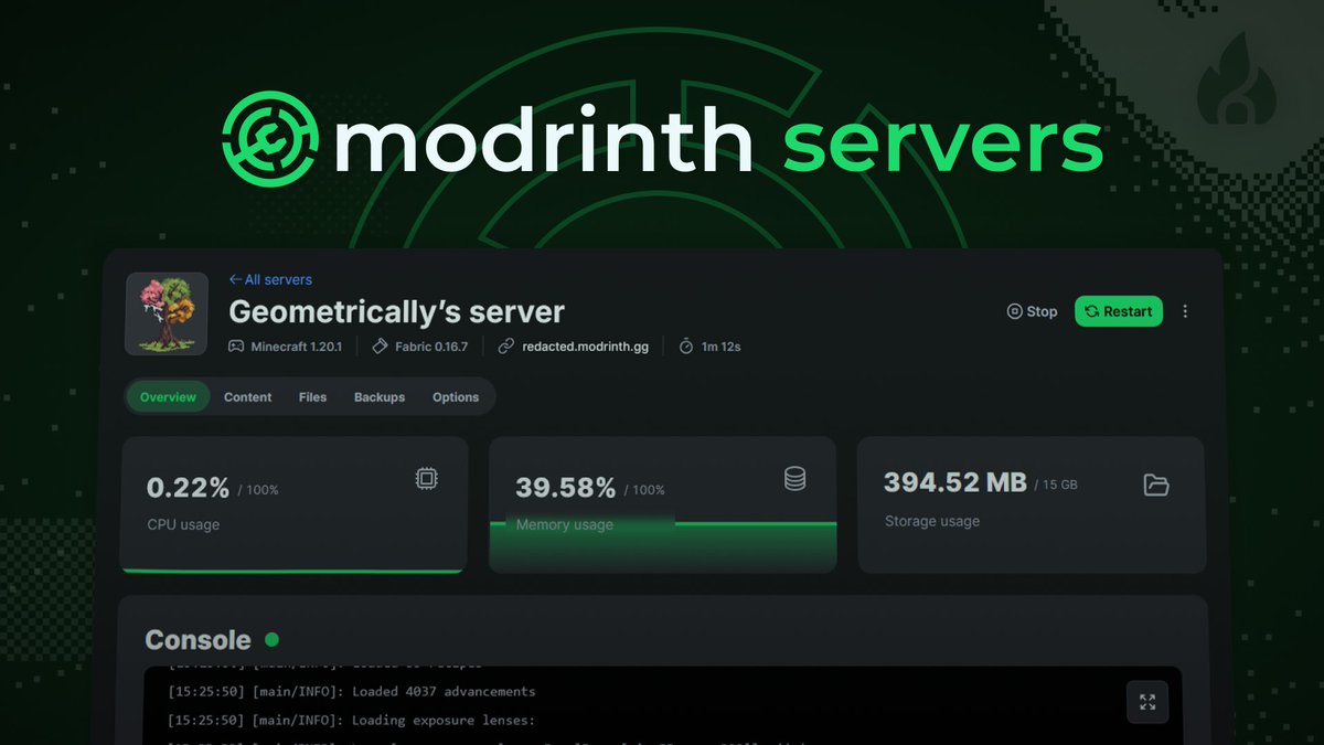 Modrinth servers banner image, featuring the custom panel built-into the Modrinth website