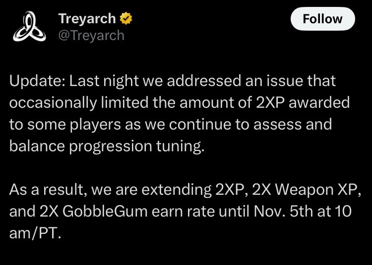 Kyle40691868's tweet photo. Message straight from Treyarch themselves. Longer Double XP event. I won’t complain. https://t.co/7ycNaHamzO