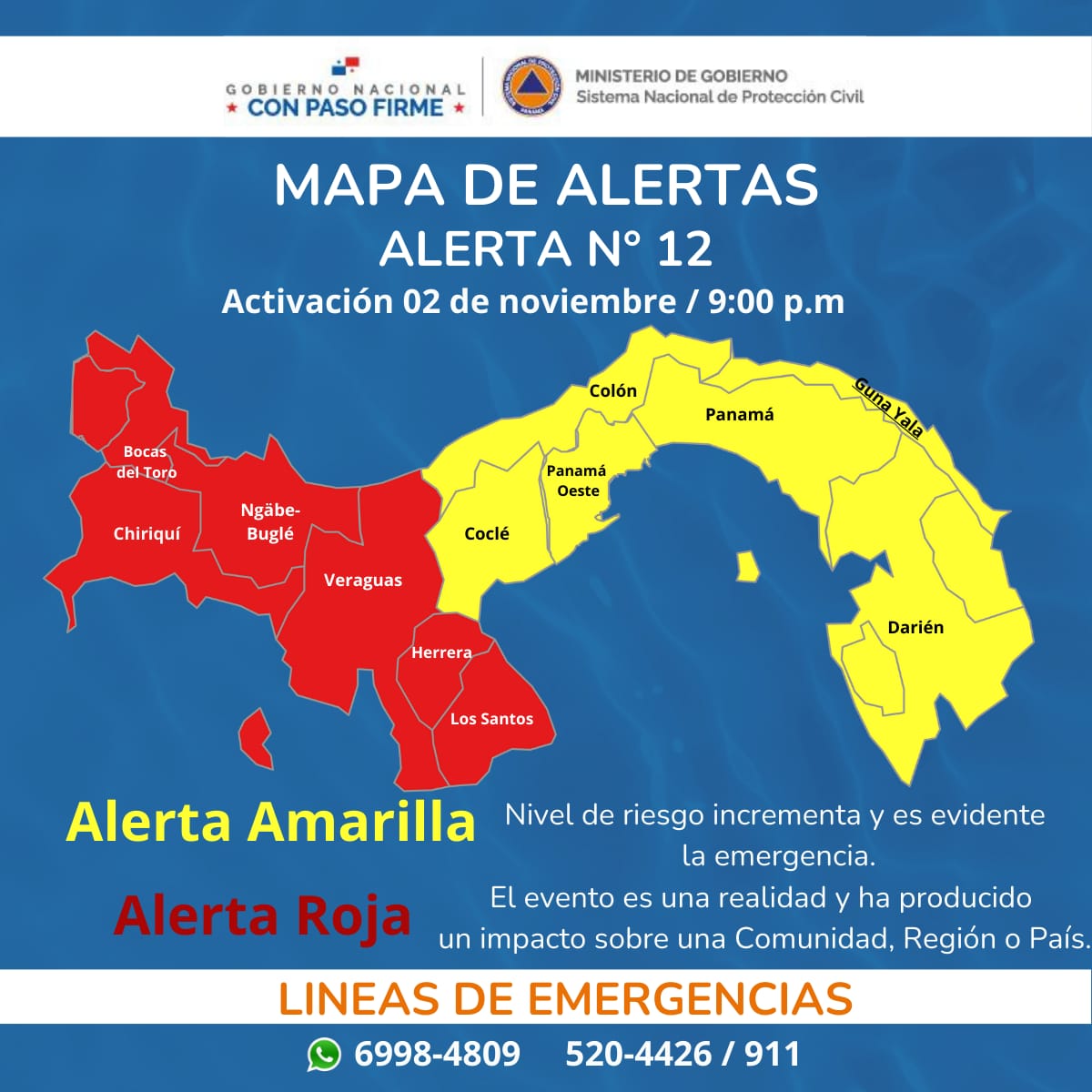 #LoÚltimo | El Sinaproc declara alerta Roja en cinco provincias y una comarca.
