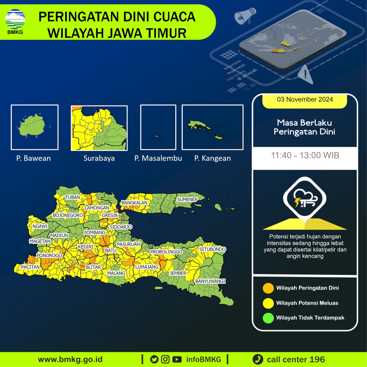 infoBMKG's tweet photo. Update Peringatan Dini Cuaca Wilayah - Jawa Timur Tgl. 03 November 2024 pkl. 11:40 WIB
Prakirawan - BMKG - Jawa Timur
https://t.co/yZjChYnx4C https://t.co/FH4qjcFjgx
