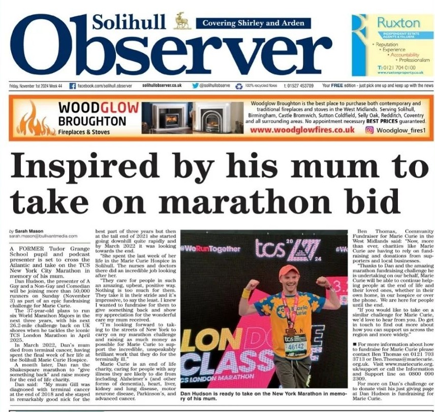 Silhillian Dan Hudson is taking on the New York marathon tomorrow as part of a 6 run challenge to support <a href="/MarieCurieWM/">Marie Curie West Midlands Hospice</a> in memory of his mom, who spent the final days of her life at the Solihull  Hospice. Good luck Dan 👏👇