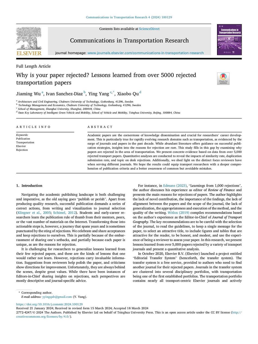 Askpstudyin_Aus's tweet image. Why is your paper rejected? Lessons learned from over 5000 rejected 
transportation papers
#phdproblems #research #researchpublication
