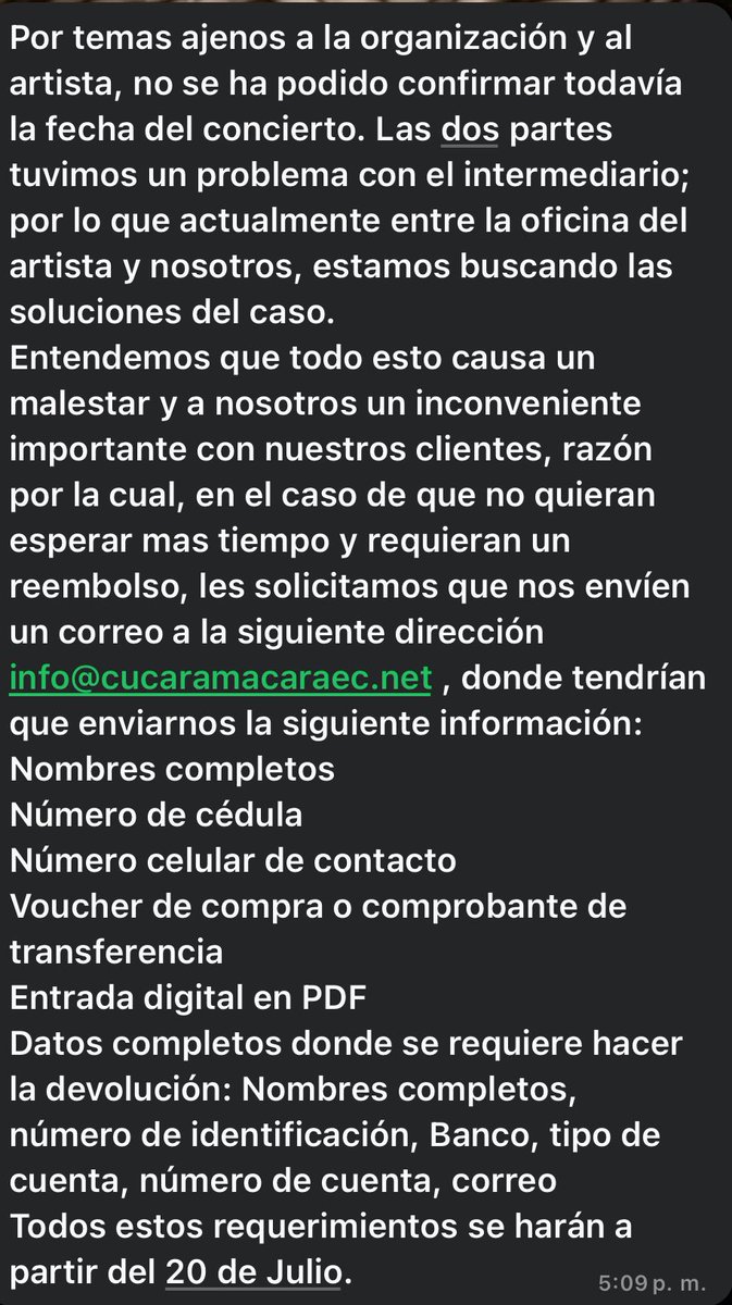 #PilasConElDato 
Lamentablemente <a href="/cucaramacara/">Andrea Obregón</a> se ha convertido en un círculo vicioso de estafa .
El concierto de <a href="/dreadmari/">Dread Mar I</a> jamás se desarrolló sin embargo hasta el momento no existe la devolución del dinero.