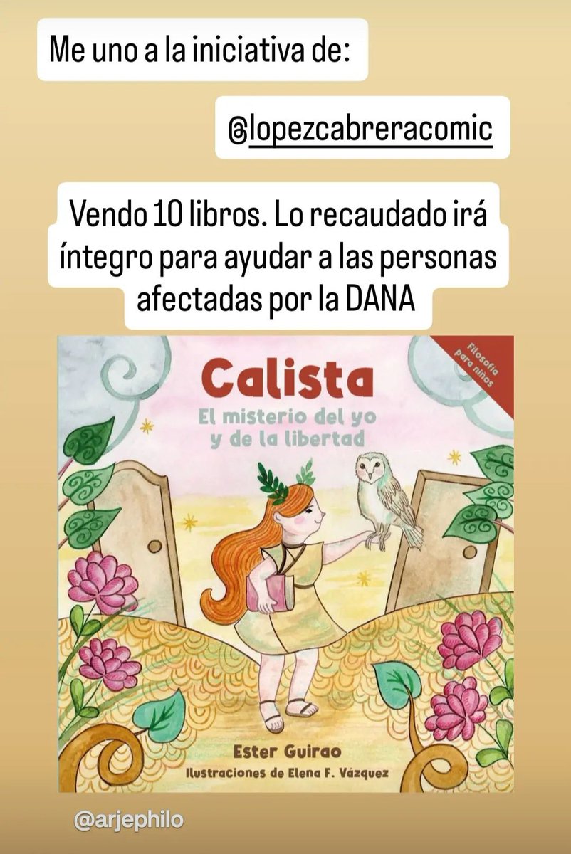 Siguiendo la iniciativa de varios autores valencianos. Pongo a la venta 10 libros de #Calista. 

Lo recaudado irá integró a los afectados por la #DANA. La ilustradora de Calista, está entre los afectados. 

Un auténtica pena. 

Para más información mensaje privado. 

Compartir.
