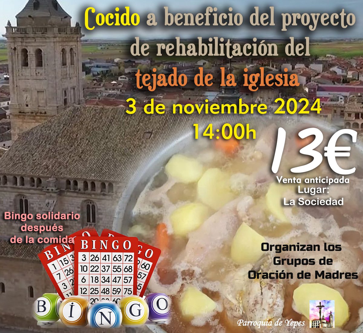 Ya está todo preparado para el cocido solidario de este domingo 3 de noviembre en #Yepes a beneficio de la Parroquia
Gracias a todas las personas que colaboran y lo hacen posible!!
