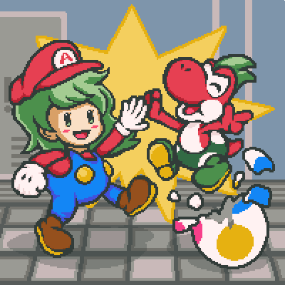 アートトレイド！🙌
<a href="/ayummiy/">𝗔𝗻𝗻𝘆 🎮 春映りんご🍎</a> とチビヨッシー🦕🥚✨
#ドット絵 #pixelart