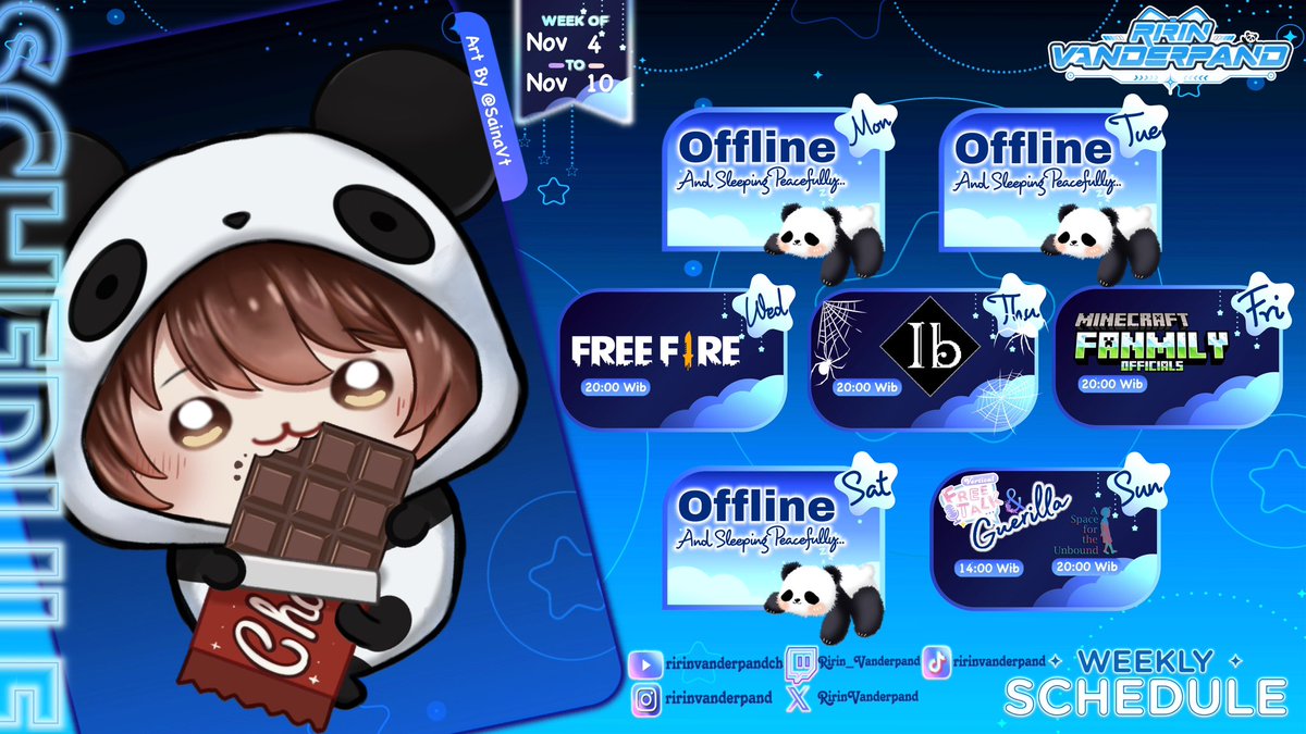 RirinVanderpand's tweet photo. Weekly Schedule 🐼
4 - 10/11 2024
【Hashtag】
🐼 Main hashtag : #ririnvanderpand
🐼 General : #vanderpand
🐼 Fan Art : #vanderpandart
🐼 Memes : #ririnemes
🐼 Live : #ririnpand_live
🐼 Fan Name : #vanderfam
#vtuberindonesia #vtuberid #vtuber #weeklyschedule #fanmily https://t.co/OcfrCKiyJY