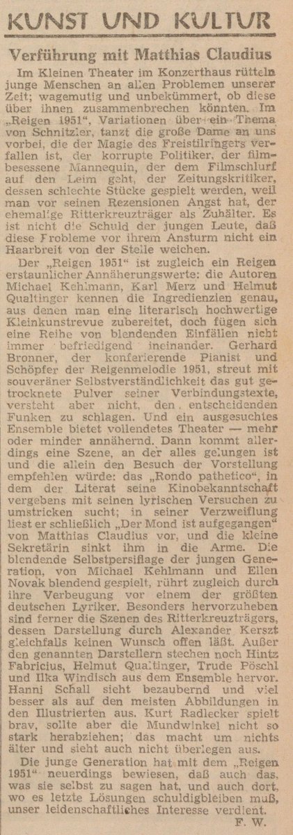 Chrisl7000's tweet photo. Bronner, Kehlmann, Merz &amp; Qualtinger: Heute vor 73 Jahren rezensiert Fritz Walden in der Arbeiter-Zeitung vom 3. November 1951 die Kleinkunstrevue "Reigen 1951".
#GerhardBronner #CarlMerz #Qualtinger #HelmutQualtinger https://t.co/CpmXZIb0sl