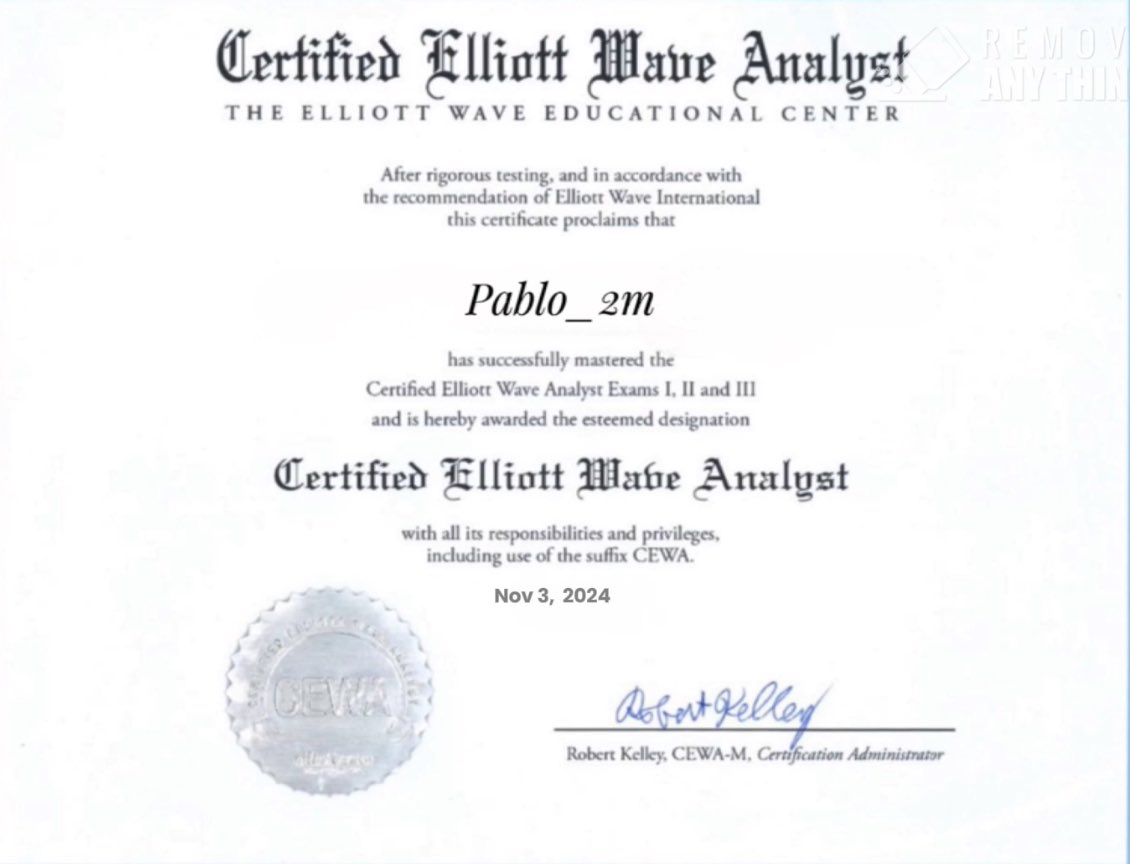 الحمدالله حمدا كثيراً طيباً مبارك فيه بعد تعب وسهر ومشقة بفضل الله عز وجل..  

حصلت على شهادة:

"مخلل موجي معتمد لأسواق المال"

 Certified Elliott Wave Analyst (CEWA)
 من Elliott Wave Al Jaradiyah