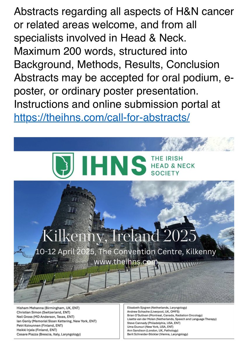 Deirdre Callanan (@deecallanan16) on Twitter photo Call for abstract submissions #IHNS 2025 <a href="/SheahanPatrick/">Patrick Sheahan</a> <a href="/FionnualaRd/">Fionnuala Muldoon</a> <a href="/IANOCancerNurse/">IrishCancerNurse</a> <a href="/SIVUH/">South Infirmary Victoria University Hospital</a> <a href="/LyrathEstate/">Lyrath Estate</a> Call for abstract submissions #IHNS 2025 <a href="/SheahanPatrick/">Patrick Sheahan</a> <a href="/FionnualaRd/">Fionnuala Muldoon</a> <a href="/IANOCancerNurse/">IrishCancerNurse</a> <a href="/SIVUH/">South Infirmary Victoria University Hospital</a> <a href="/LyrathEstate/">Lyrath Estate</a>