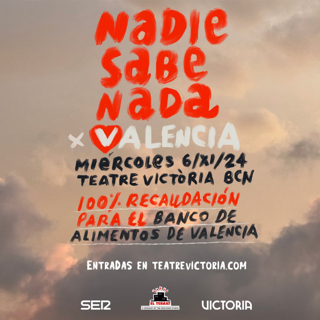 Fila cero para el próximo 
Nadie Sabe Nada x Valencia

Nºde cuenta: ES86 2100 2806 64 0200098998
Nombre banco: LA CAIXA
Concepto: donativo
O a través de BIZUM con el código 38400