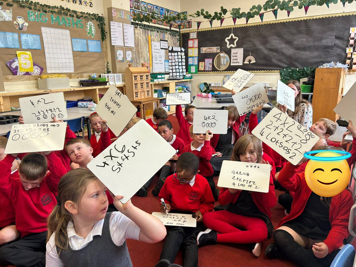 P2/3 have been working on strategies to solve multiplication calculations. We can write out repeated addition and use ‘lots of’ to help us answer these questions. #mathssuperstars 🌟