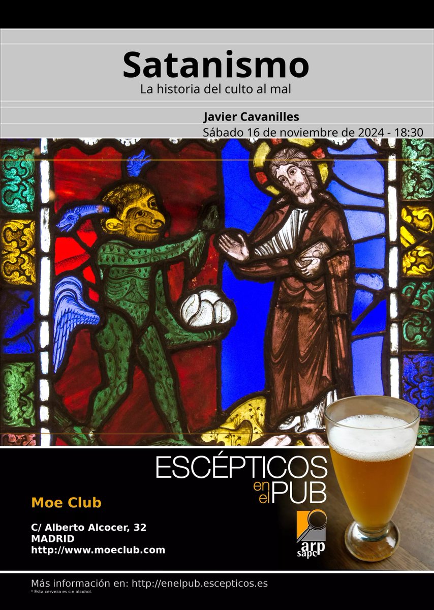 El sábado 16 de noviembre Javier Cavanilles <a href="/desdelmasalla/">Javier Cavanilles</a> nos hablará de la figura de Satán y de la historia del satanismo, del culto al mal. Más información en escepticos.es/node/8910