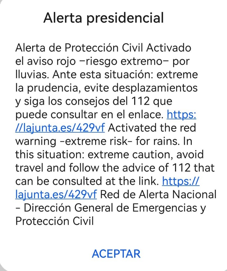Curiosamente, la población de Almería si acaba de recibir el mensaje de protección civil alertando del riesgo extremo por el aviso rojo de lluvias torrenciales emitido por Aemet.

La pregunta es: ¿Por qué no se emitió para la población de Huelva el pasado viernes cuando era la