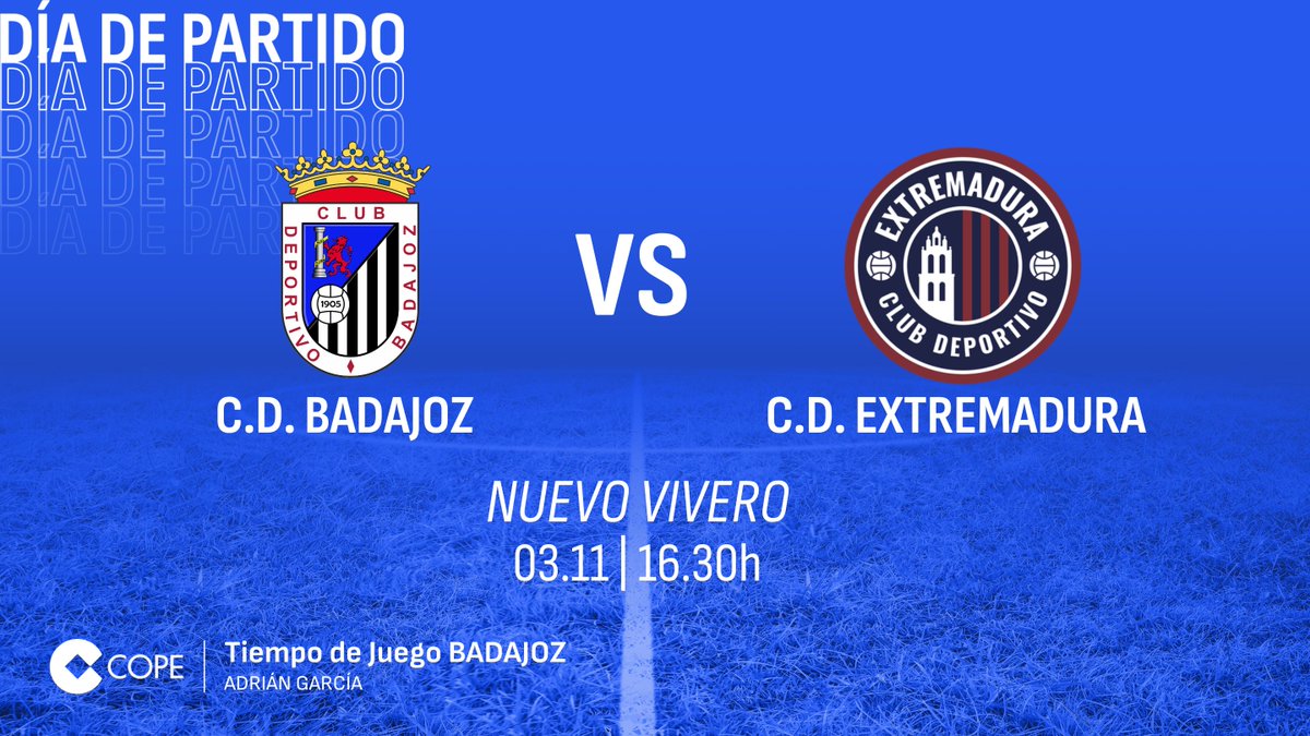 COPE Badajoz (@cope_badajoz) on Twitter photo 📢 ¡Llega el derbi!
Desde las 16.10h, te contamos todo lo que ocurra entre <a href="/CDBadajoz/">CD Badajoz</a> y <a href="/CDExt1924/">CD EXTREMADURA</a> en el 1269OM, web y app
🎙️ <a href="/Garcia_Duran_/">Adrián García</a>
🗣️ <a href="/CDBadajozStats/">CD Badajoz Stats</a>
📒 <a href="/Josemariaszv_/">Pepo</a>
🕵️♂️ <a href="/ManuuCrespo_99/">Manu Crespo</a>
🏟️ <a href="/miriamgarrigam/">Míriam Garriga</a>
#ElBadajozenCOPE | 🎤🔵 📢 ¡Llega el derbi!
Desde las 16.10h, te contamos todo lo que ocurra entre <a href="/CDBadajoz/">CD Badajoz</a> y <a href="/CDExt1924/">CD EXTREMADURA</a> en el 1269OM, web y app
🎙️ <a href="/Garcia_Duran_/">Adrián García</a>
🗣️ <a href="/CDBadajozStats/">CD Badajoz Stats</a>
📒 <a href="/Josemariaszv_/">Pepo</a>
🕵️♂️ <a href="/ManuuCrespo_99/">Manu Crespo</a>
🏟️ <a href="/miriamgarrigam/">Míriam Garriga</a>
#ElBadajozenCOPE | 🎤🔵