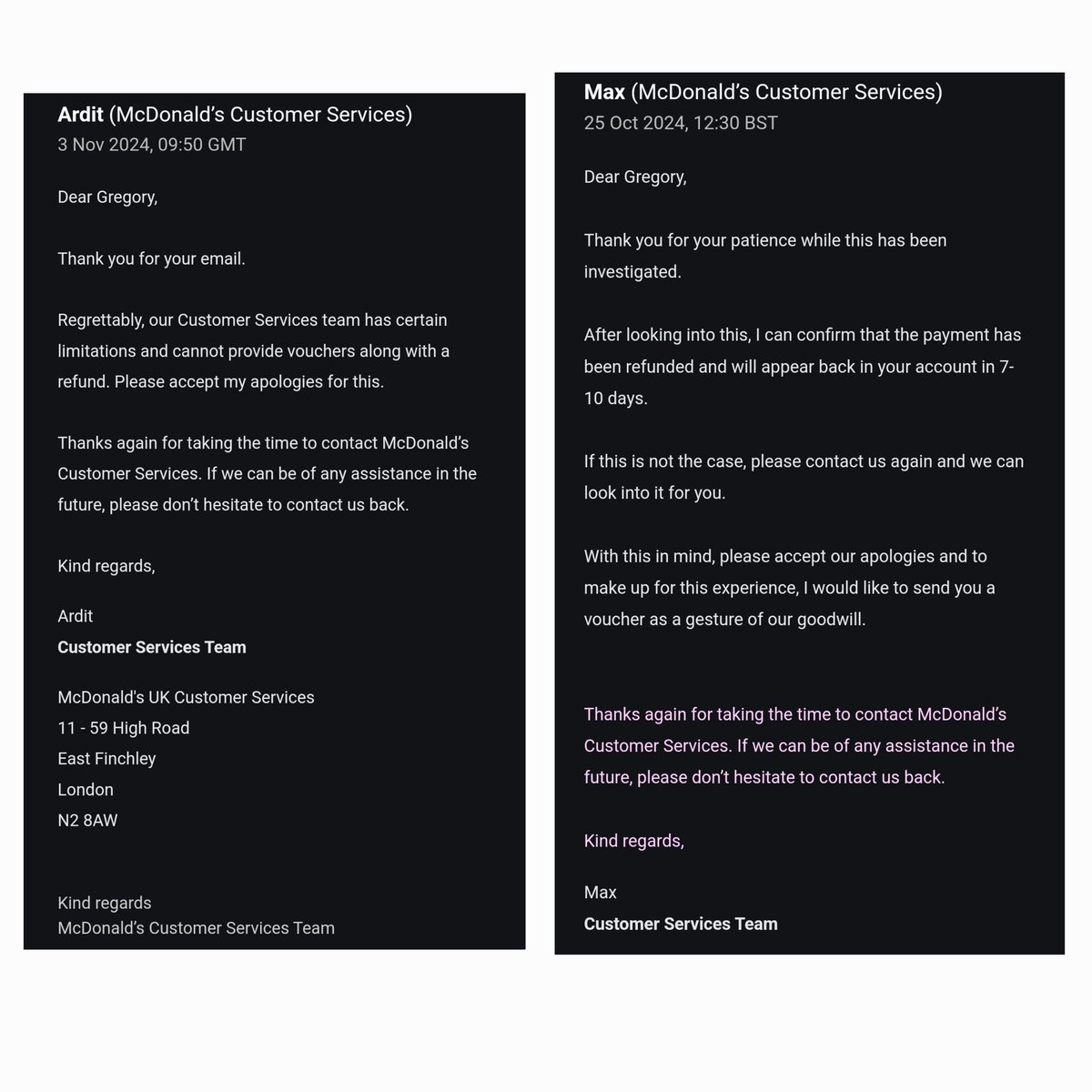 DrummerOzzy's tweet photo. @McDonalds 25/10 I was promised a voucher and 3/11 I was refued said voucher, in the same email chain. This has happened twice in the same incident. Can your employees not read short case histories?
Some training appears to be required. #McDonalds #badcustomerservice https://t.co/blbKPqj64x