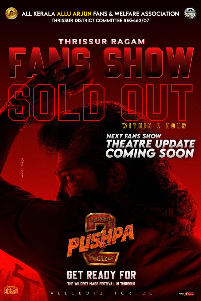 im_mr_dj's tweet photo. Kerala's prestigious theater "Thrissur Ragam" fans show sold out within hours of booking 🥵🔥

#Pushpa2TheRule https://t.co/bcf0Gw1iYU