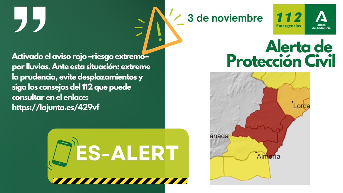 🔴 Enviado mensaje masivo a la población -sistema Es-Alert- por aviso rojo por #lluvias en #Almería 

📲 Si has recibido una alerta sonora en el móvil, extrema la precaución, evita desplazamientos y sigue los consejos de <a href="/E112Andalucia/">EMA 112</a> #AndalucíaPreviene
lajunta.es/429vf