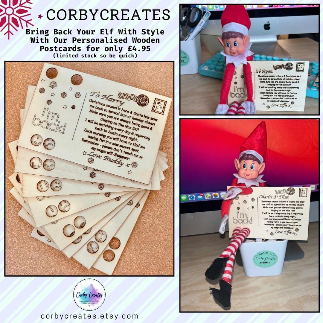🎄 Elfie is nearly here!

Busy week this week as the postcards come back in stock and only a couple of weeks till the return of Elfie!

Grab your personalised postcard to really bring him back to life 🎅

etsy.com/uk/shop/CorbyC…