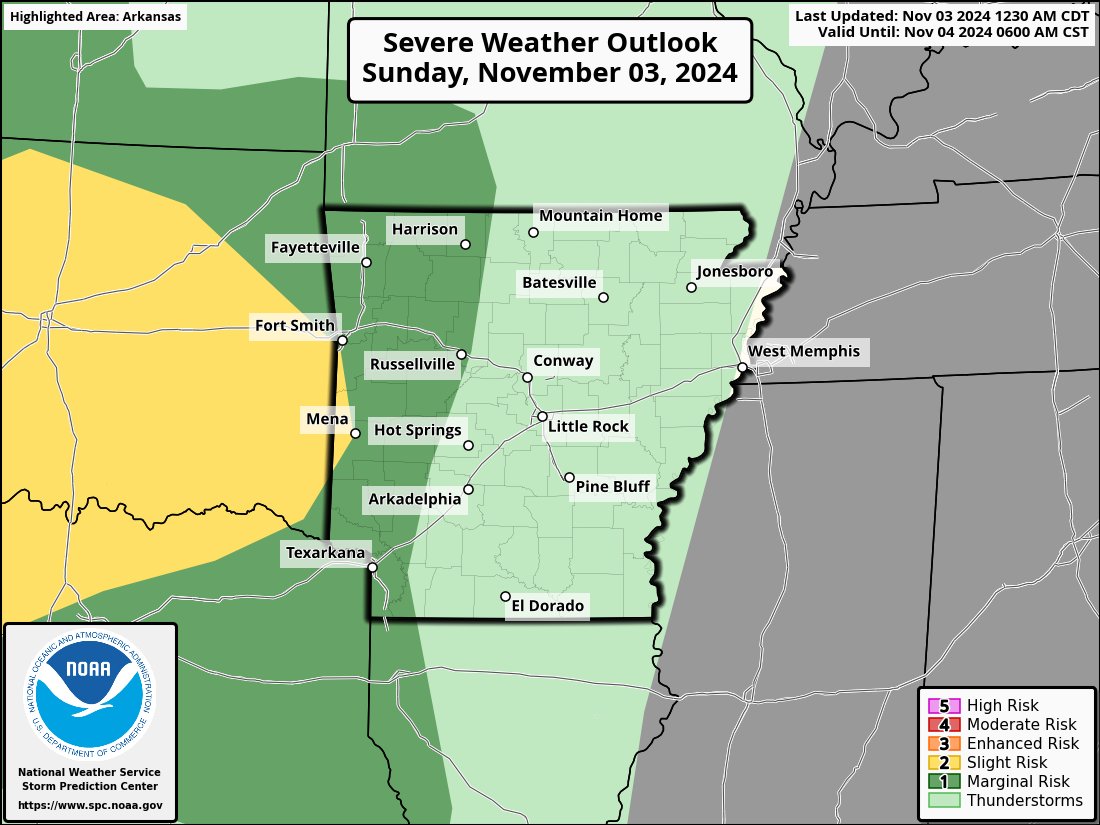 There will be a Slight Risk of severe thunderstorms today in far western Arkansas and a Marginal Risk over the rest of western Arkansas. Large hail and damaging winds will be the main threats. An isolated tornado can not be ruled out. #arwx