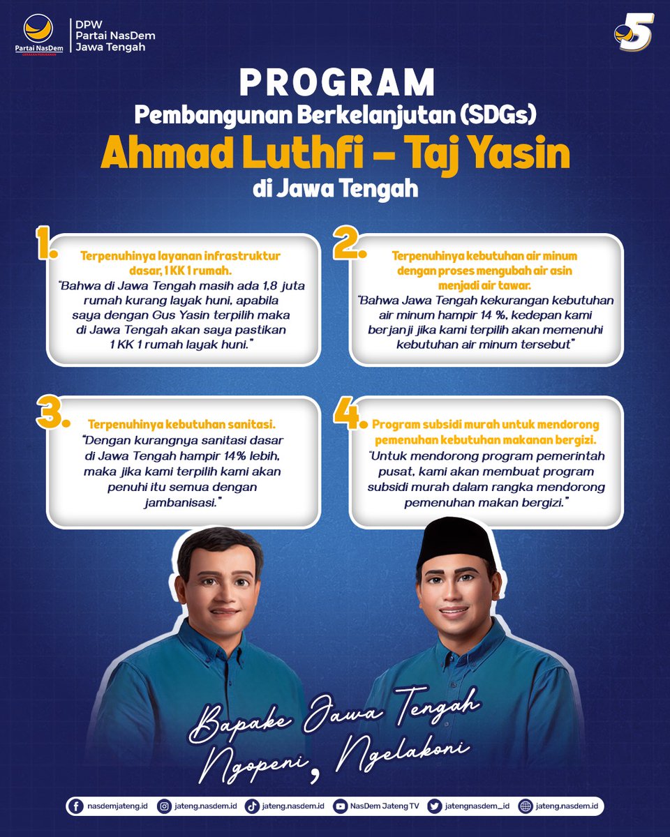 Persoalan pemukiman, air minum dan pemenuhan gizi memang jadi basic issue publik yang harus di prioritaskan, melalui program-programnya Ahmad Luthfi-Taj Yasin berkomitmen untuk menyelesaikan itu semua bagi warga Jawa Tengah.

#ahmadluthfi #tajyasin #jawatengah #NgopeniNgelakoni