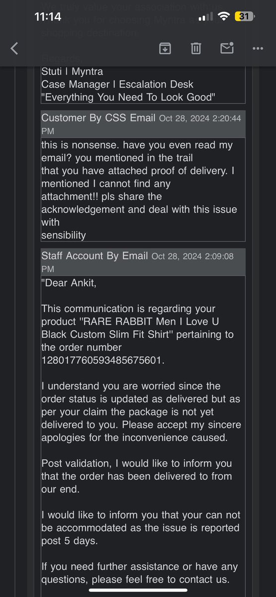 ankitkochar87's tweet photo. @myntra do you even read customer mails? See attached images. https://t.co/S5iAGrutM3